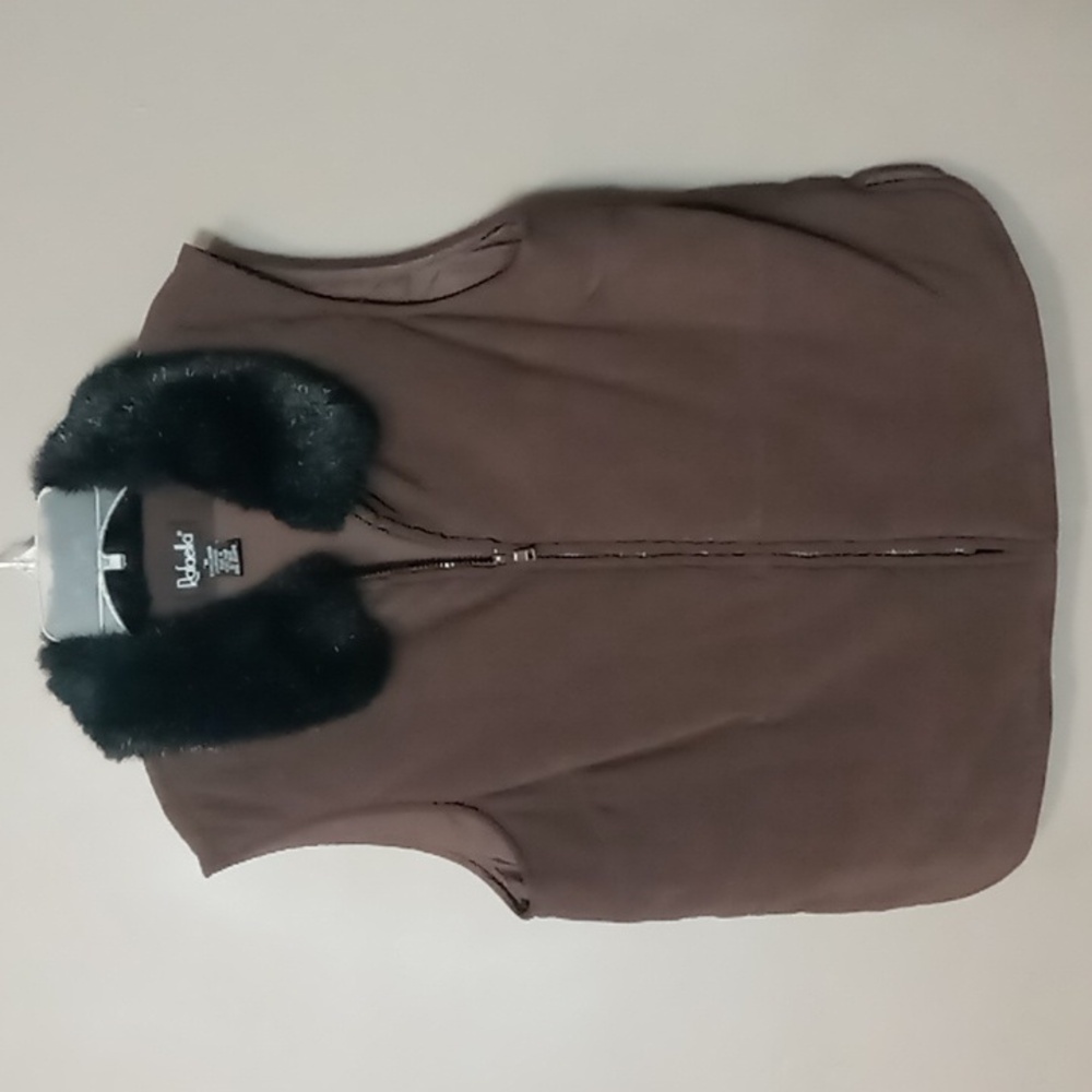Rafaella Brown w Black Faux Fur Trim Soft Full Zip Vest Size M